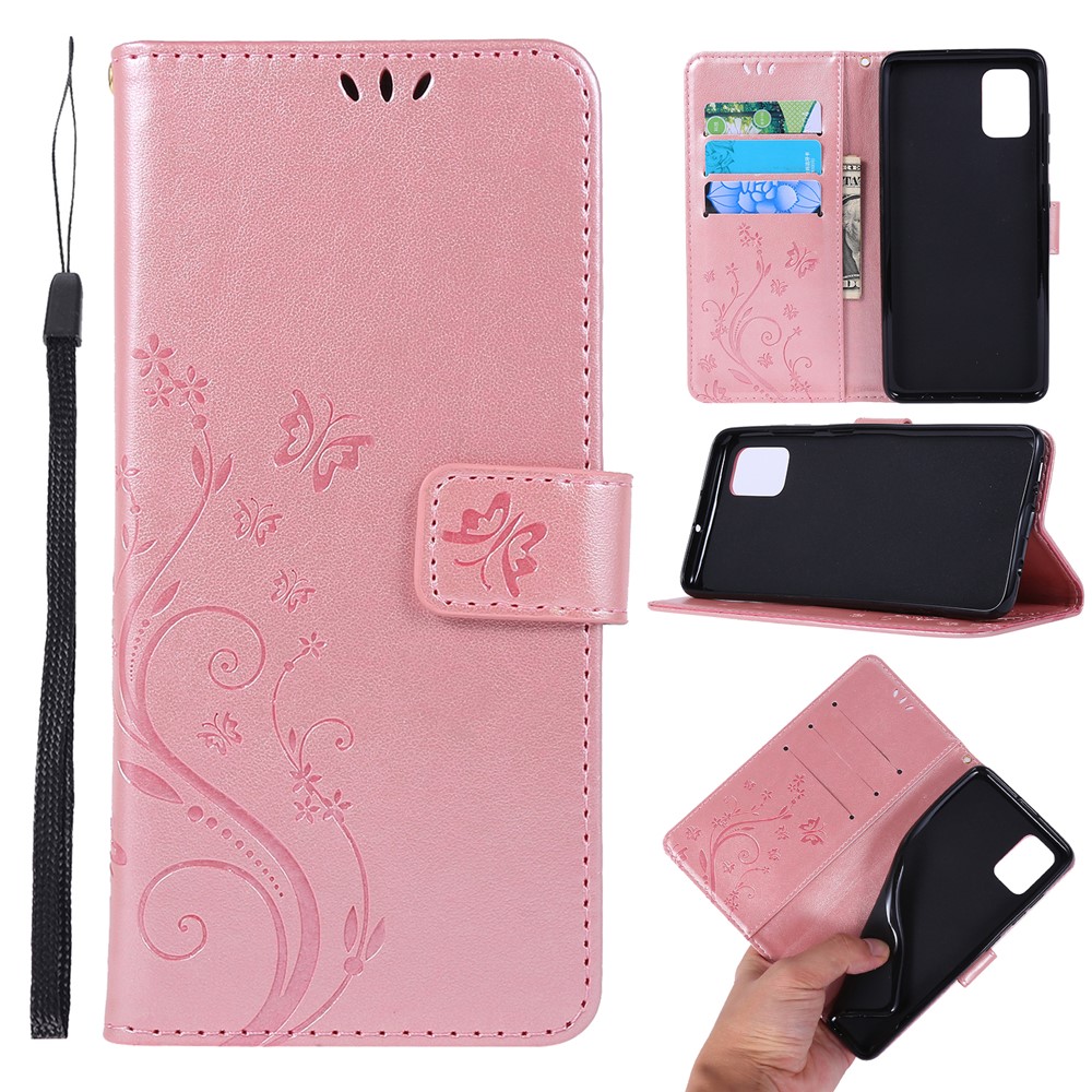 Imprint Butterflies Wallet Stand Flip Leather Phone Shell for Samsung Galaxy A51 - Rose Gold-1