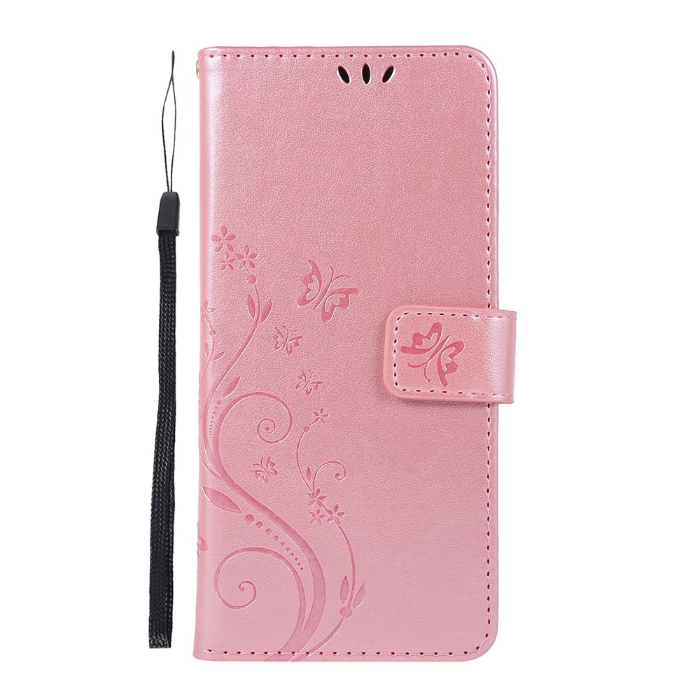 Imprint Butterflies Wallet Stand Flip Leather Phone Shell for Samsung Galaxy A51 - Rose Gold-2