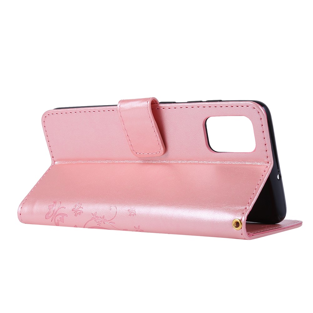 Imprint Butterflies Wallet Stand Flip Leather Phone Shell for Samsung Galaxy A51 - Rose Gold-5