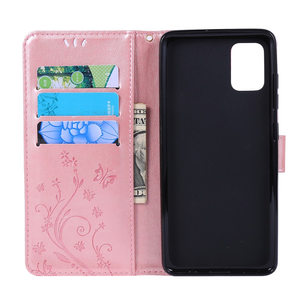 Imprint Butterflies Wallet Stand Flip Leather Phone Shell for Samsung Galaxy A51 - Rose Gold-6