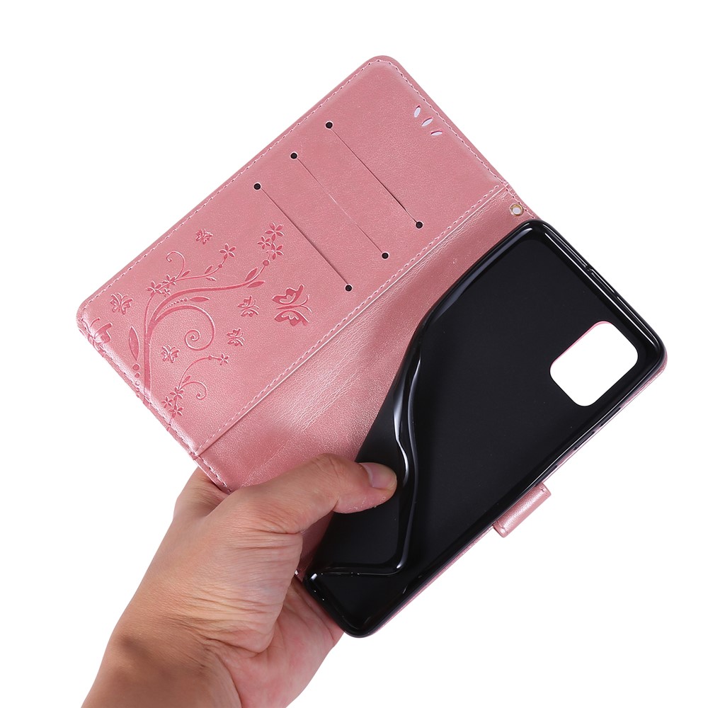 Imprint Butterflies Wallet Stand Flip Leather Phone Shell for Samsung Galaxy A51 - Rose Gold-7