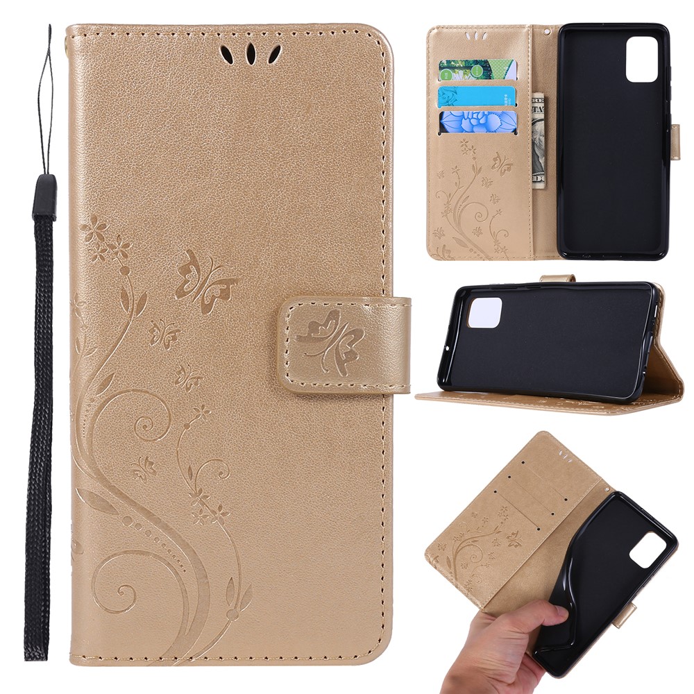 Imprint Butterflies Wallet Stand Flip Leather Phone Shell for Samsung Galaxy A51 - Gold-1