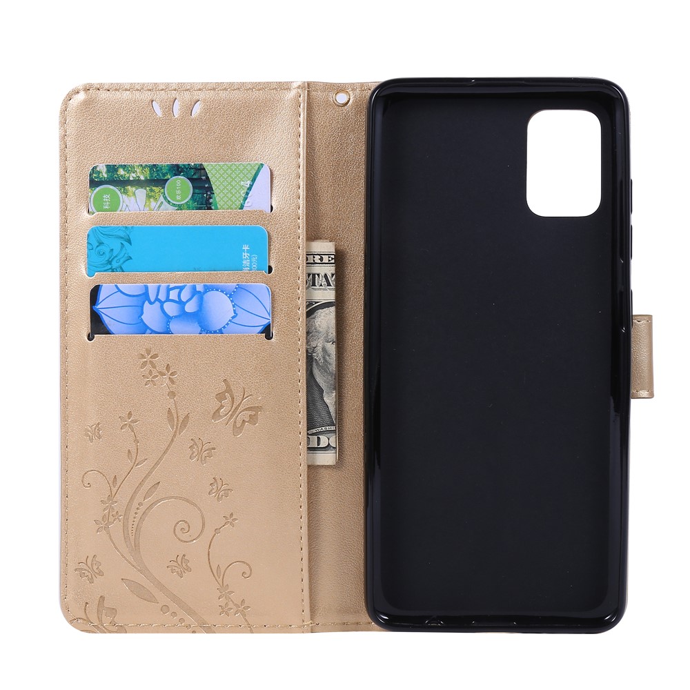 Imprint Butterflies Wallet Stand Flip Leather Phone Shell for Samsung Galaxy A51 - Gold-6