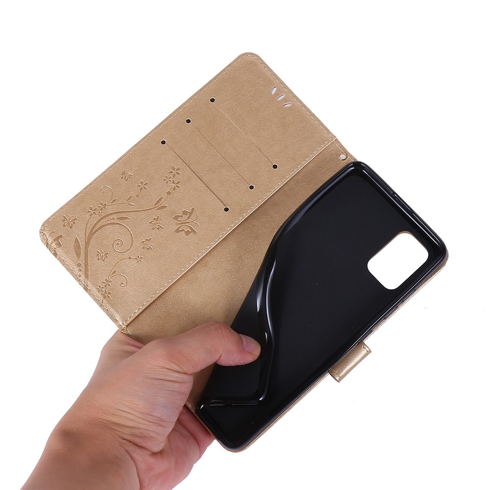 Imprint Butterflies Wallet Stand Flip Leather Phone Shell for Samsung Galaxy A51 - Gold-7