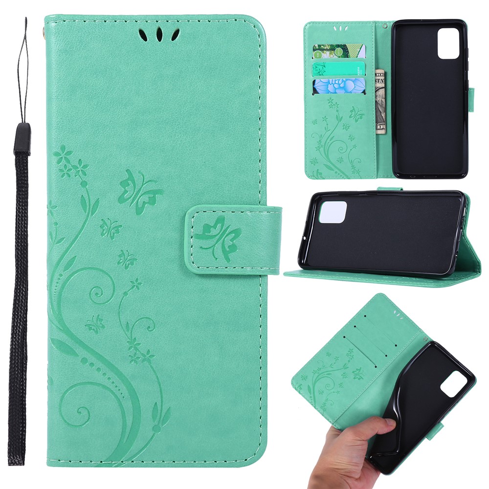 Imprint Butterflies Wallet Stand Flip Leather Phone Shell for Samsung Galaxy A51 - Cyan-1