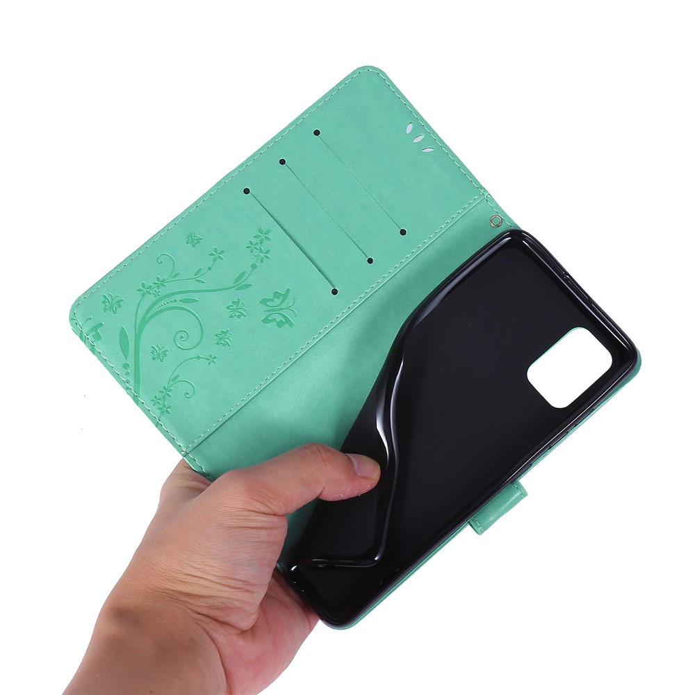 Imprint Butterflies Wallet Stand Flip Leather Phone Shell for Samsung Galaxy A51 - Cyan-7