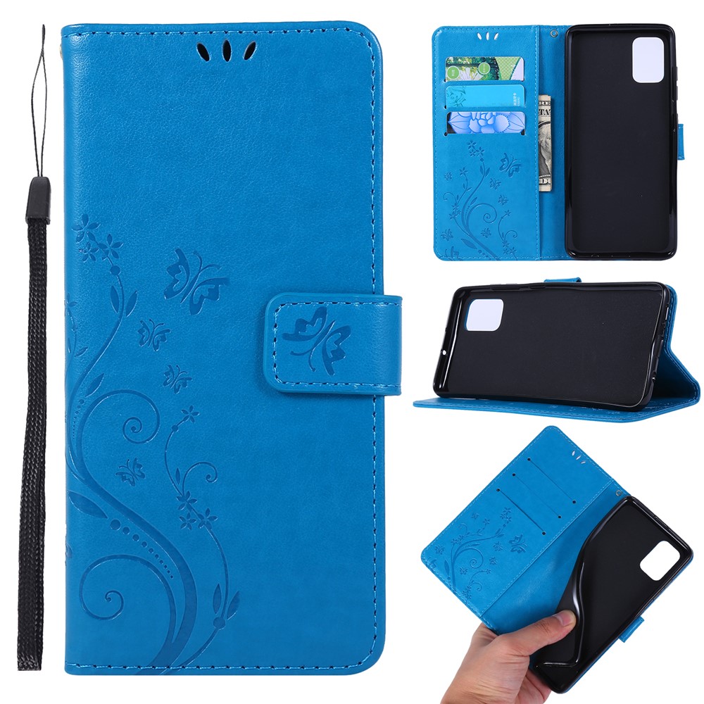 Empreinte Papillons Support de Portefeuille Flip Coquille de Téléphone en Cuir Pour Samsung Galaxy A51 - Bleu