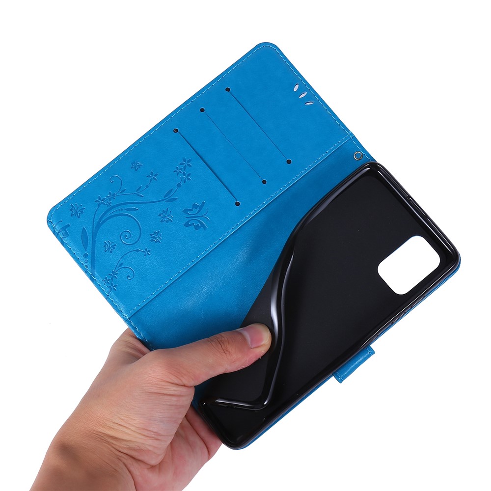 Empreinte Papillons Support de Portefeuille Flip Coquille de Téléphone en Cuir Pour Samsung Galaxy A51 - Bleu