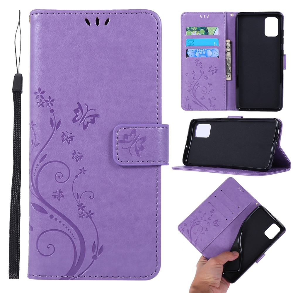 Imprint Butterflies Wallet Stand Flip Leather Phone Shell for Samsung Galaxy A51 - Light Purple-1