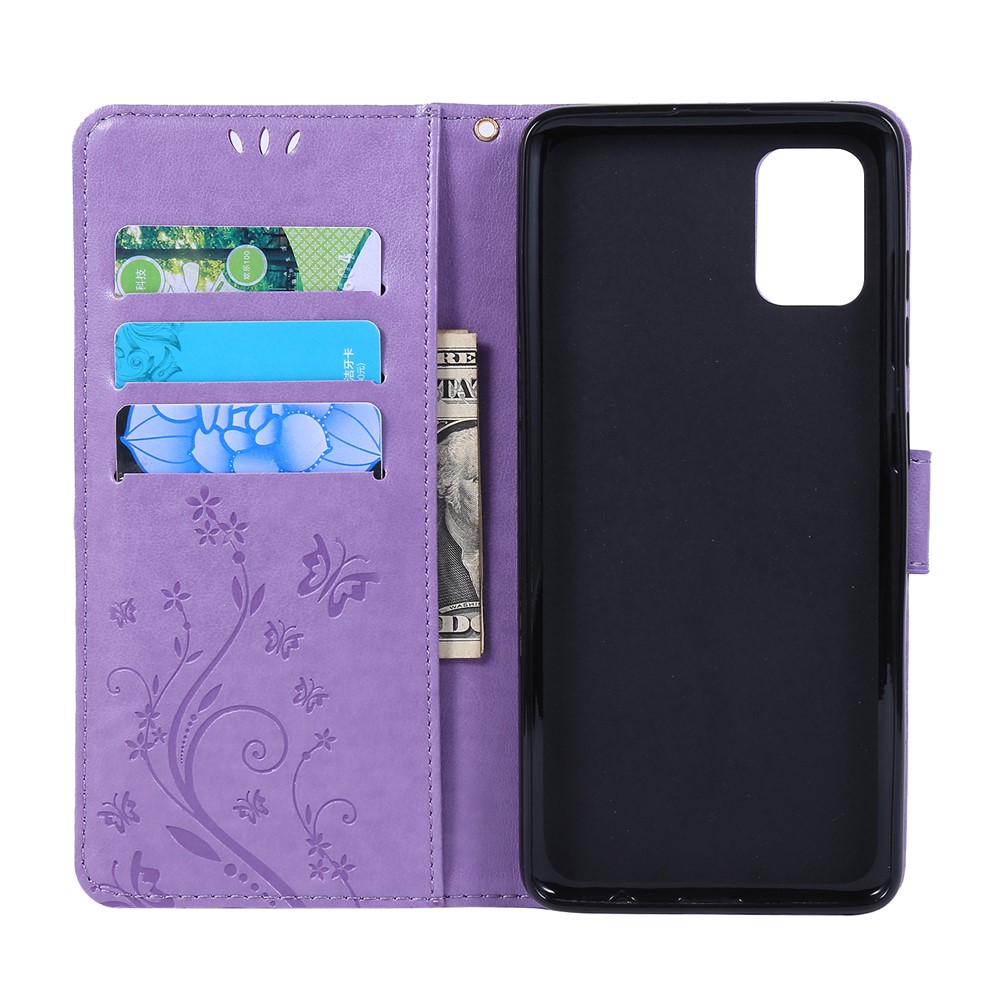 Imprint Butterflies Wallet Stand Flip Leather Phone Shell for Samsung Galaxy A51 - Light Purple-6