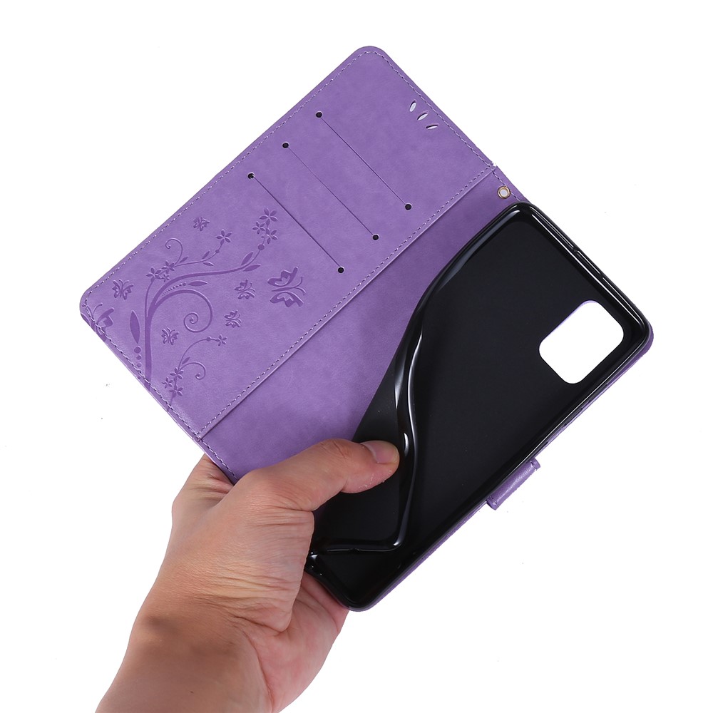 Imprint Butterflies Wallet Stand Flip Leather Phone Shell for Samsung Galaxy A51 - Light Purple-7