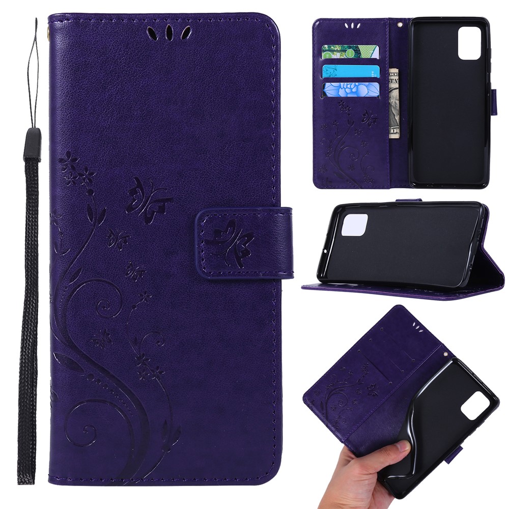 Imprint Butterflies Wallet Stand Flip Leather Phone Shell for Samsung Galaxy A51 - Dark Purple-1