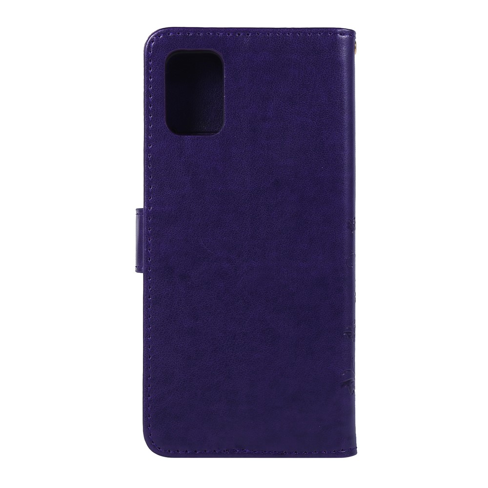 Imprint Butterflies Wallet Stand Flip Leather Phone Shell for Samsung Galaxy A51 - Dark Purple-3