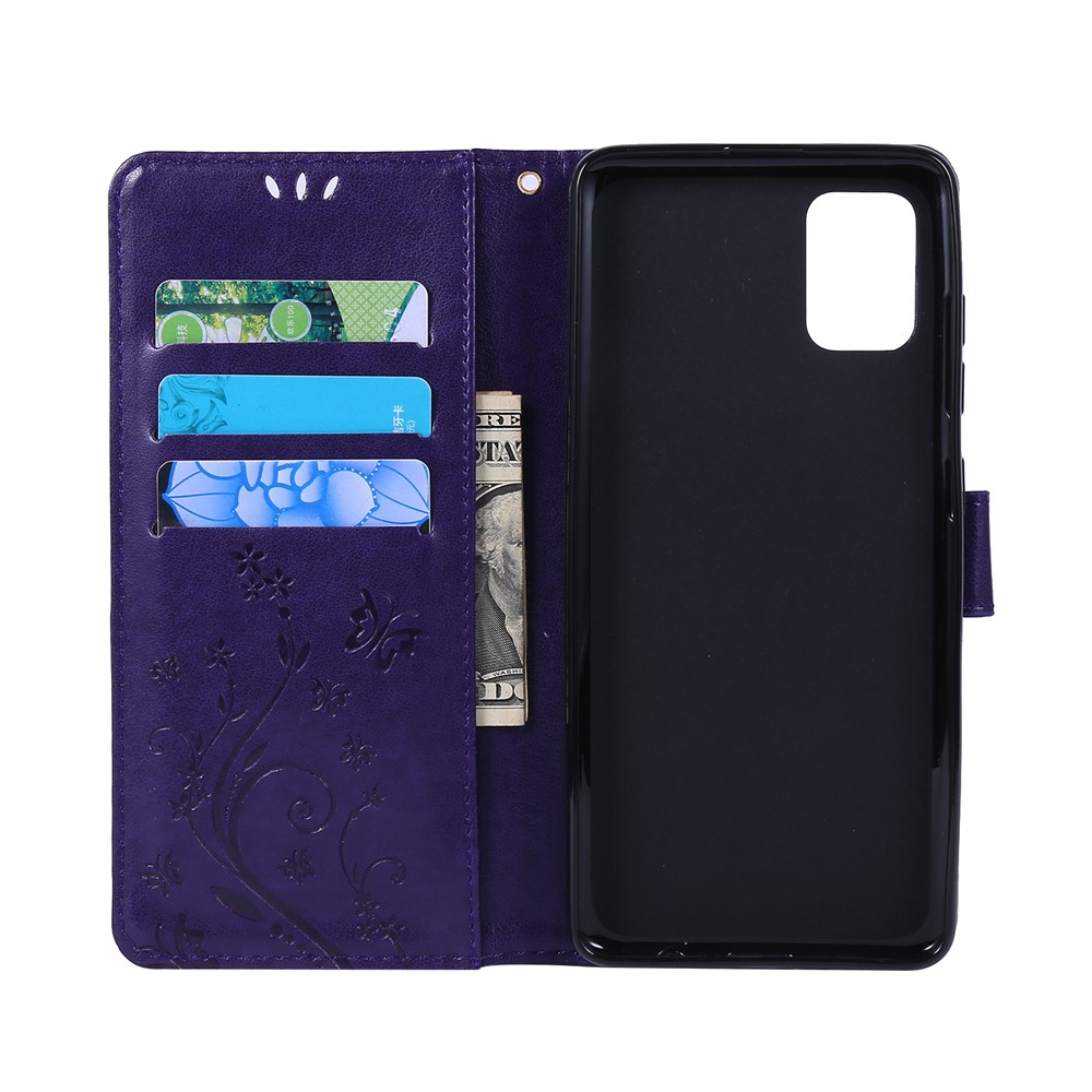 Impressão Butterflies Stand Stand Flip Leather Phone Shell Para Samsung Galaxy A51 - Roxo Escuro