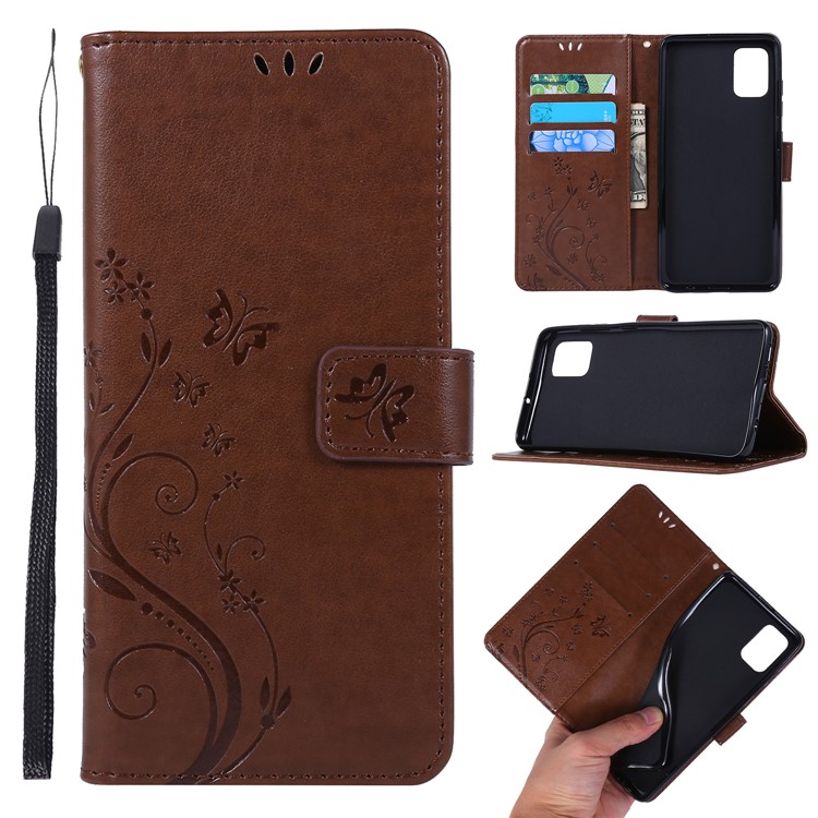 Imprint Butterflies Wallet Stand Flip Leather Phone Shell for Samsung Galaxy A51 - Brown-1