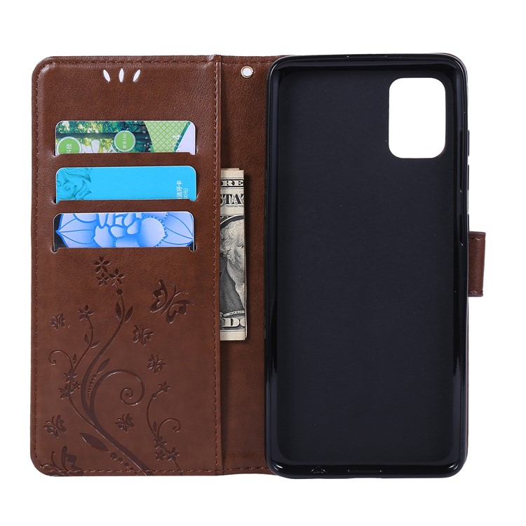 Imprint Butterflies Wallet Stand Flip Leather Phone Shell for Samsung Galaxy A51 - Brown-6