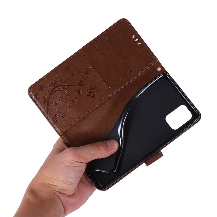 Imprint Butterflies Wallet Stand Flip Leather Phone Shell for Samsung Galaxy A51 - Brown-7