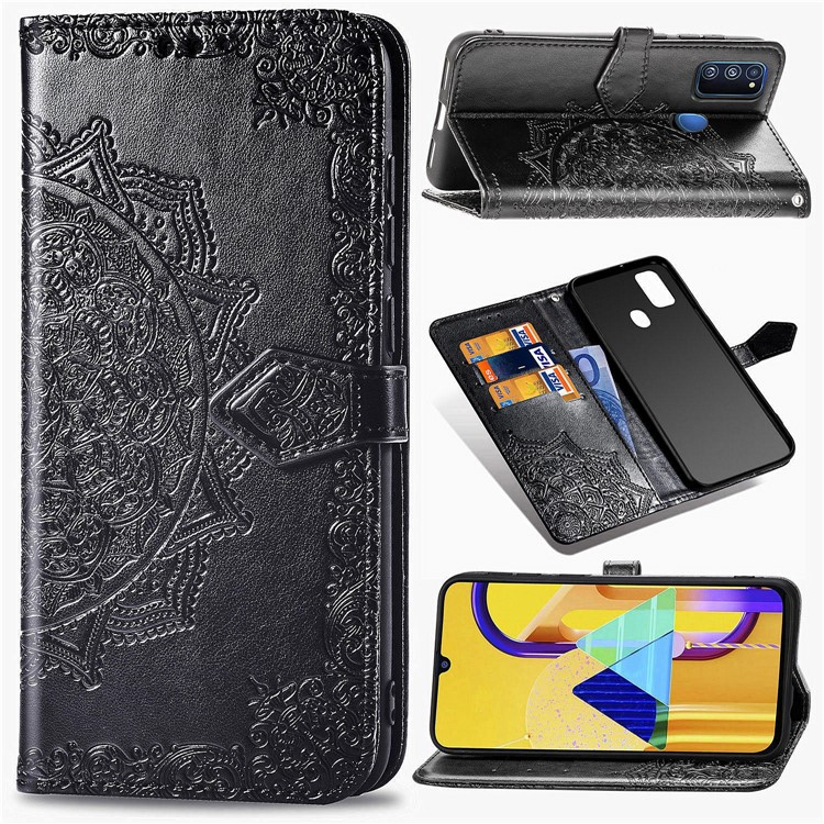 Embossed Mandala Flower Wallet Leather Stand Cover for Samsung Galaxy M21/M30s - Black