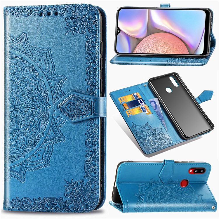 Embossed Mandala Flower Wallet Stand Leather Cover for Samsung Galaxy A10s - Blue-1