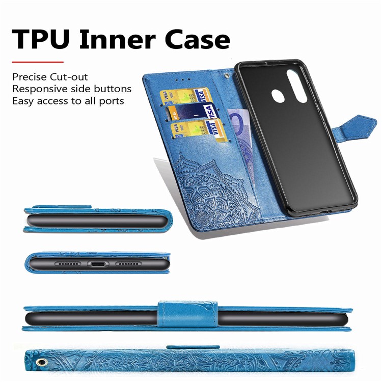 Embossed Mandala Flower Wallet Stand Leather Cover for Samsung Galaxy A10s - Blue-11
