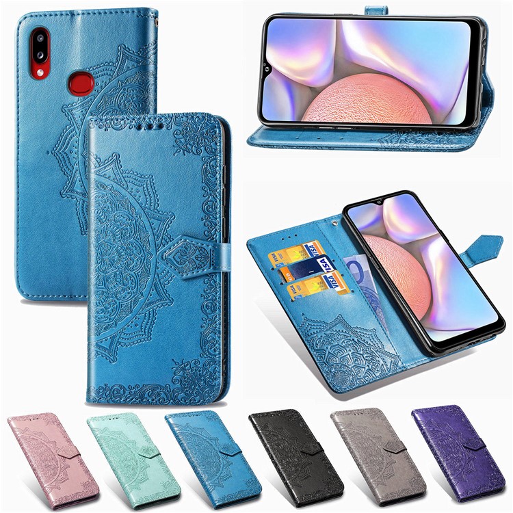 Embossed Mandala Flower Wallet Stand Leather Cover for Samsung Galaxy A10s - Blue-13