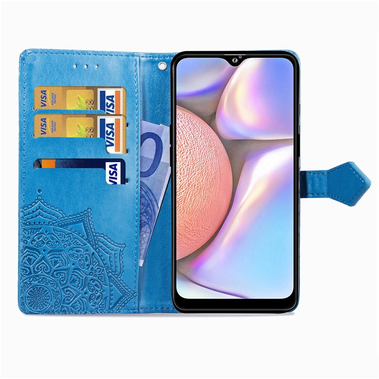 Embossed Mandala Flower Wallet Stand Leather Cover for Samsung Galaxy A10s - Blue-8