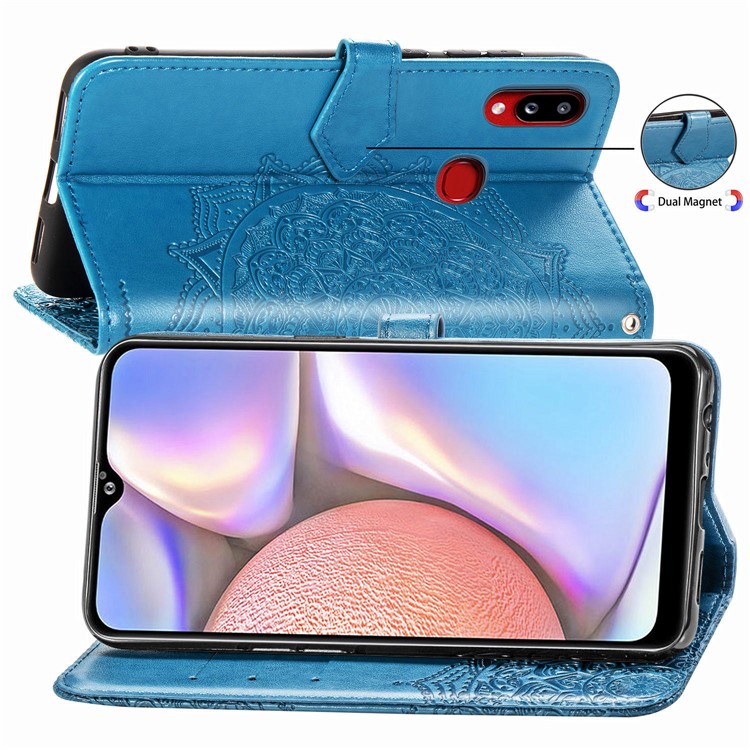 Embossed Mandala Flower Wallet Stand Leather Cover for Samsung Galaxy A10s - Blue-9