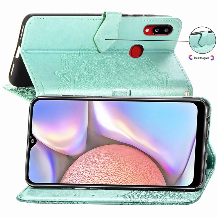 Embossed Mandala Flower Wallet Stand Leather Cover for Samsung Galaxy A10s - Cyan-10