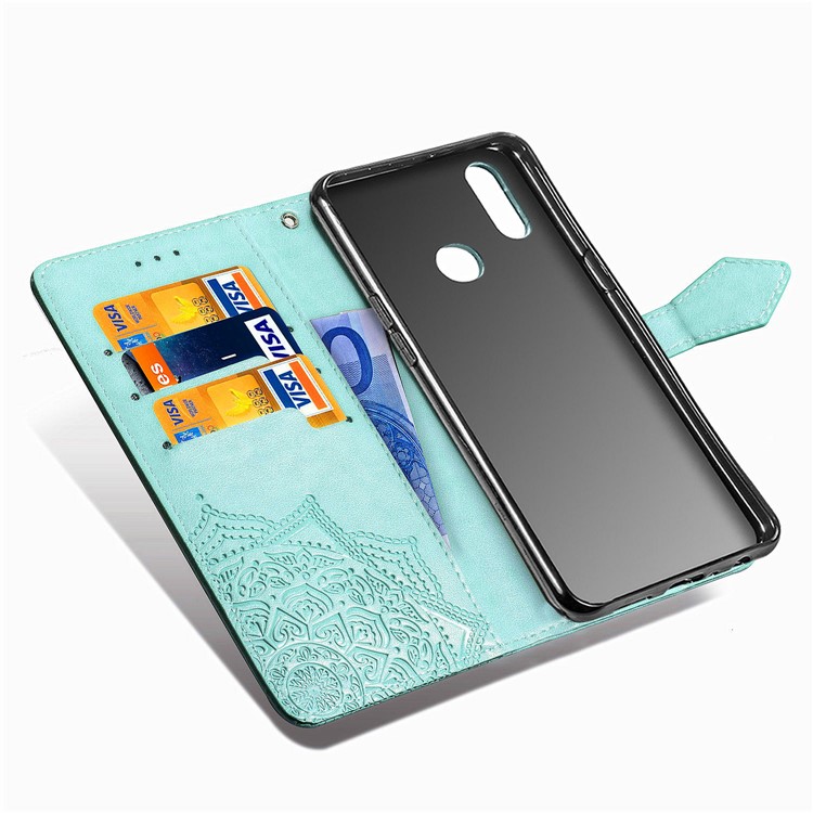Embossed Mandala Flower Wallet Stand Leather Cover for Samsung Galaxy A10s - Cyan-11