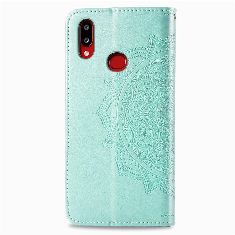 Embossed Mandala Flower Wallet Stand Leather Cover for Samsung Galaxy A10s - Cyan-8