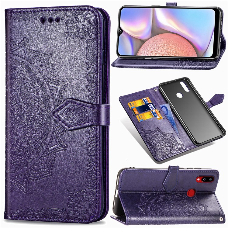 Embossed Mandala Flower Wallet Stand Leather Cover for Samsung Galaxy A10s - Purple-1