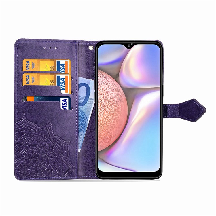 Embossed Mandala Flower Wallet Stand Leather Cover for Samsung Galaxy A10s - Purple-8
