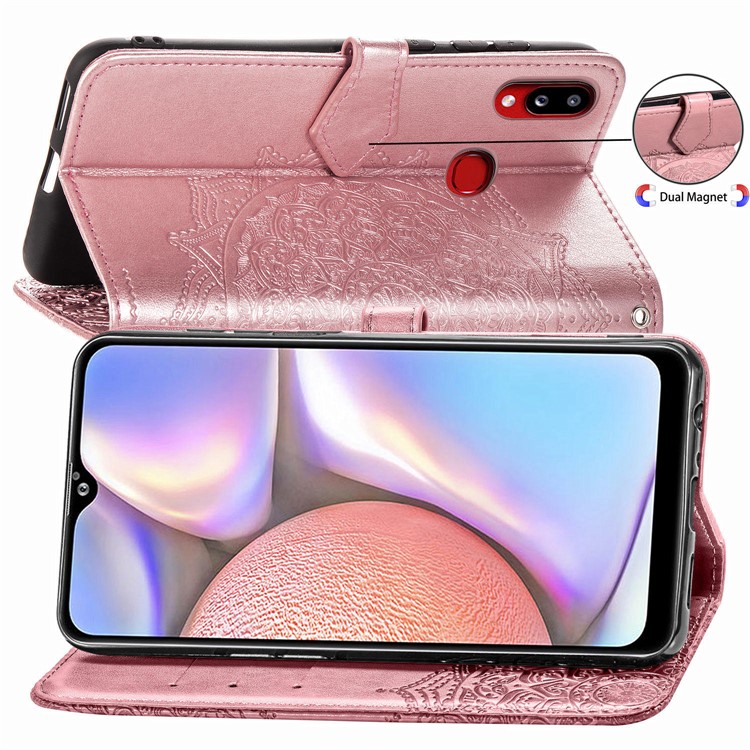 Campa de Couro Com Carteira de Flor de Mandala em Relevo Para a Samsung Galaxy A10s - Rosa Ouro