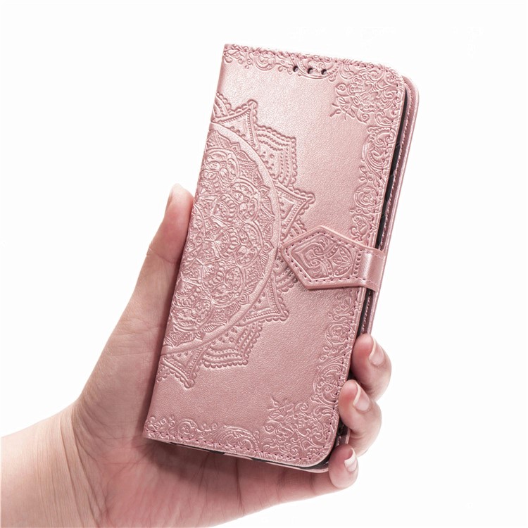 Couvercle en Cuir du Portefeuille de Fleurs Mandala en Relief Pour Samsung Galaxy A10s - or Rose