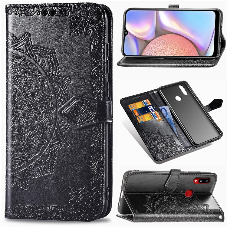 Embossed Mandala Flower Wallet Stand Leather Cover for Samsung Galaxy A10s - Black-1