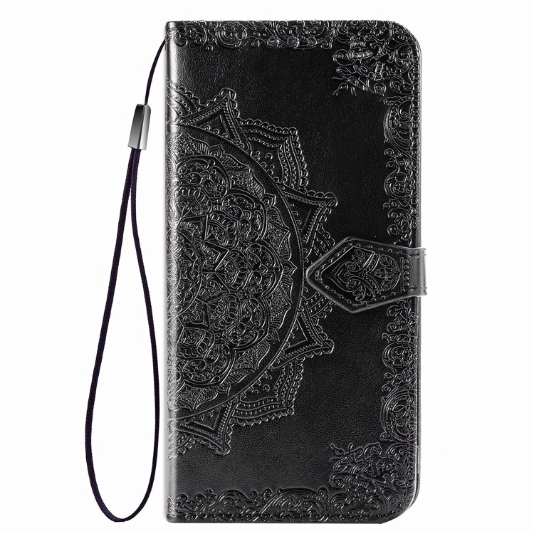 Campa de Couro Com Carteira de Flor de Mandala em Relevo Para a Samsung Galaxy A10s - Preto