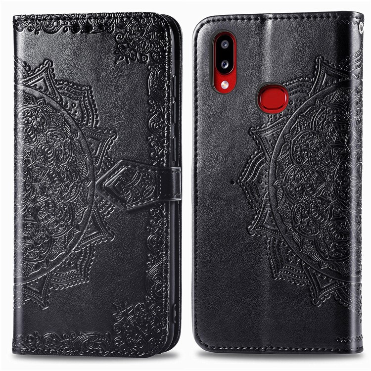 Portafoglio Fiore in Rilievo Mandala Coperchio in Pelle Per Samsung Galaxy A10s - Nero