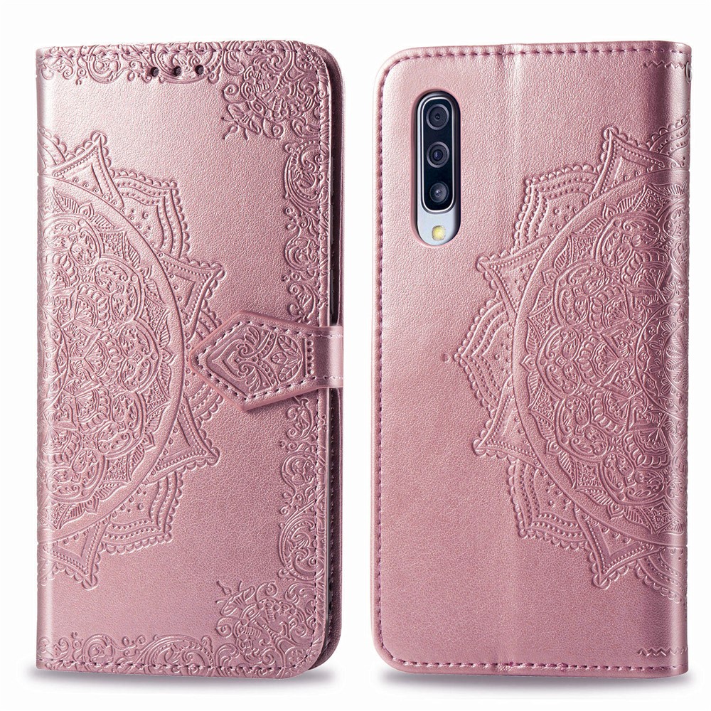 Embossed Mandala Flower Wallet Stand Leather Case for Samsung Galaxy A50s/A50/A30s - Rose Gold-5