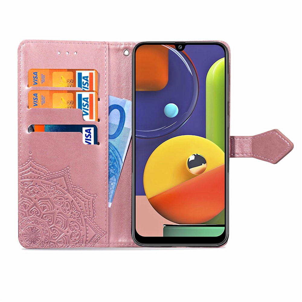 Embossed Mandala Flower Wallet Stand Leather Case for Samsung Galaxy A50s/A50/A30s - Rose Gold-8
