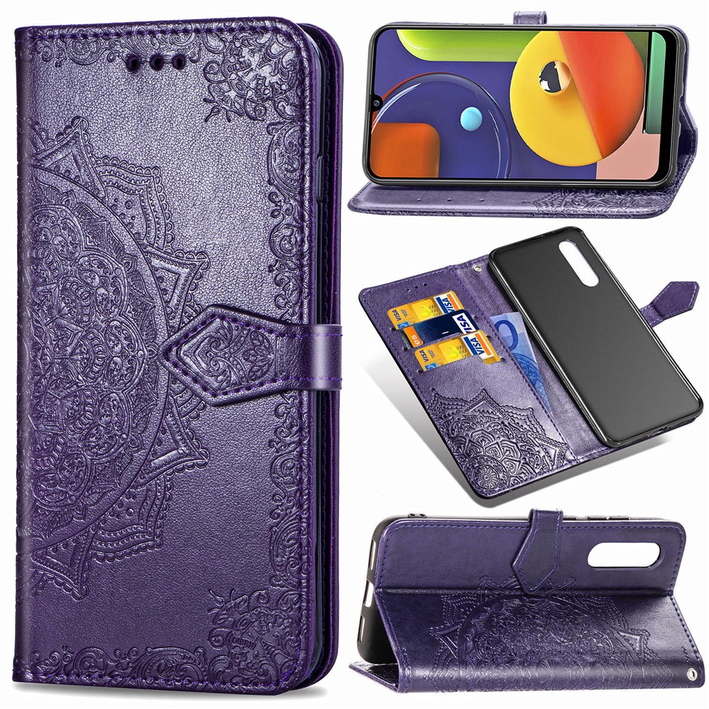 Embossed Mandala Flower Wallet Stand Leather Case for Samsung Galaxy A50s/A50/A30s - Purple-1