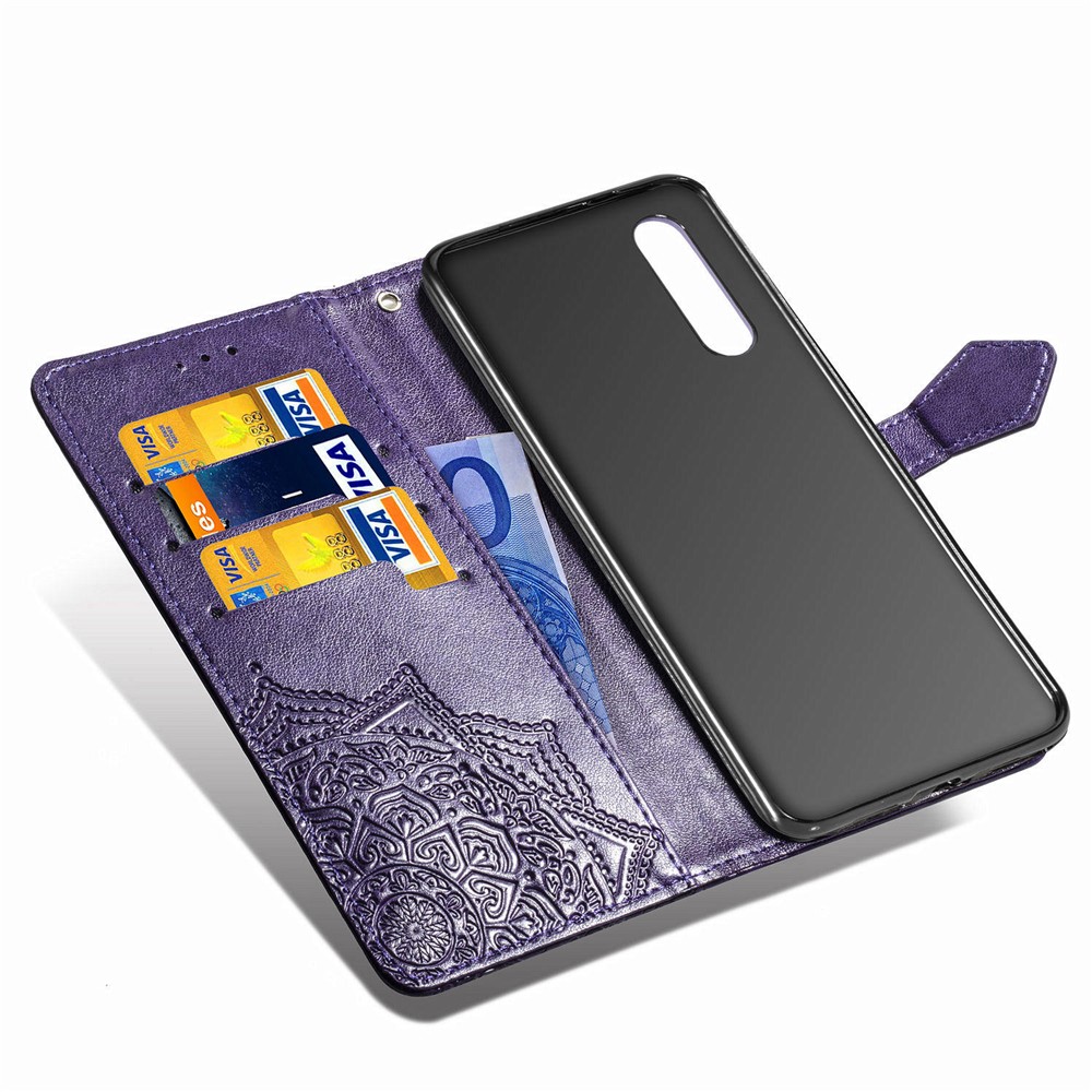 Caixa de Couro da Carteira de Flor de Mandala em Relevo Para Samsung Galaxy A50s/a50/a30s - Roxo-2