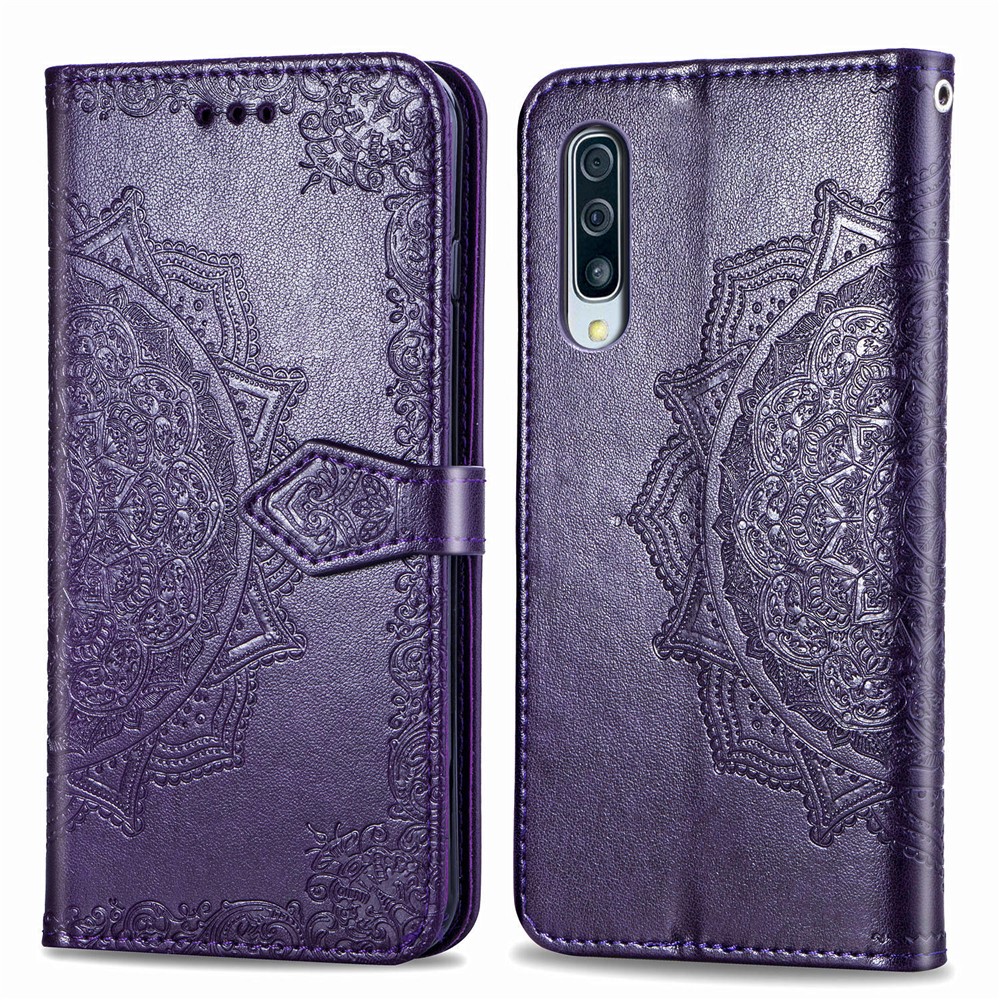 Caixa de Couro da Carteira de Flor de Mandala em Relevo Para Samsung Galaxy A50s/a50/a30s - Roxo-6