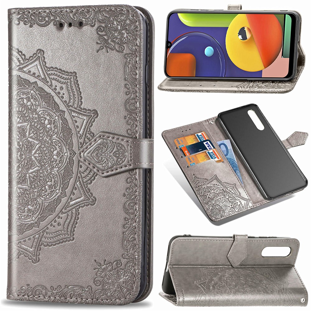 Embossed Mandala Flower Wallet Stand Leather Case for Samsung Galaxy A50s/A50/A30s - Grey-1