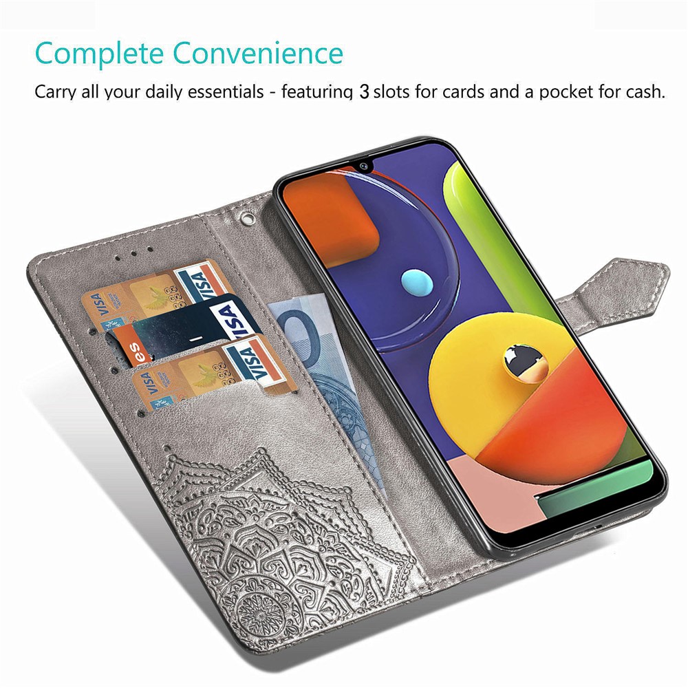 Embossed Mandala Flower Wallet Stand Leather Case for Samsung Galaxy A50s/A50/A30s - Grey-5
