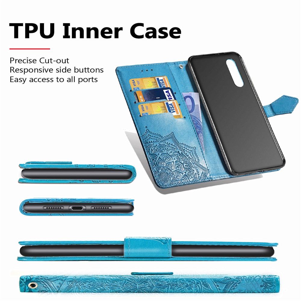 Embossed Mandala Flower Wallet Stand Leather Case for Samsung Galaxy A50s/A50/A30s - Blue-12