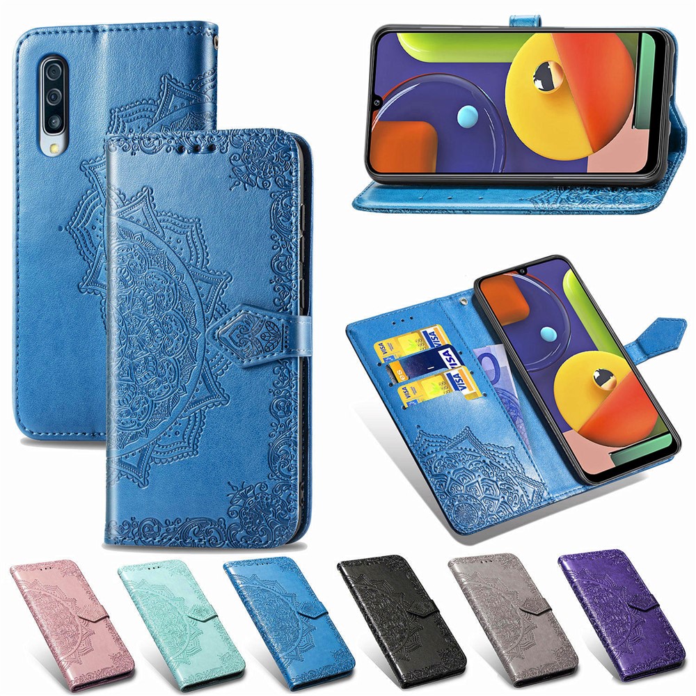 Embossed Mandala Flower Wallet Stand Leather Case for Samsung Galaxy A50s/A50/A30s - Blue-3