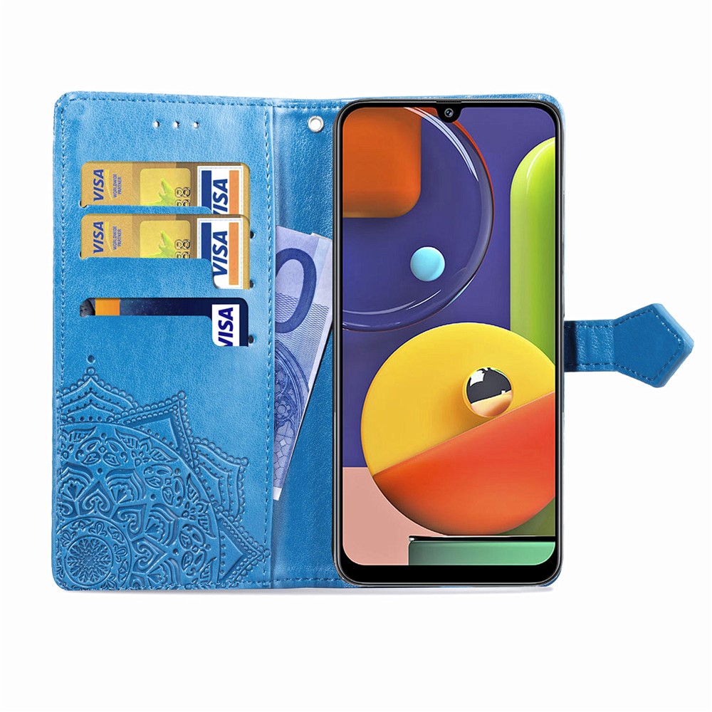 Embossed Mandala Flower Wallet Stand Leather Case for Samsung Galaxy A50s/A50/A30s - Blue-9