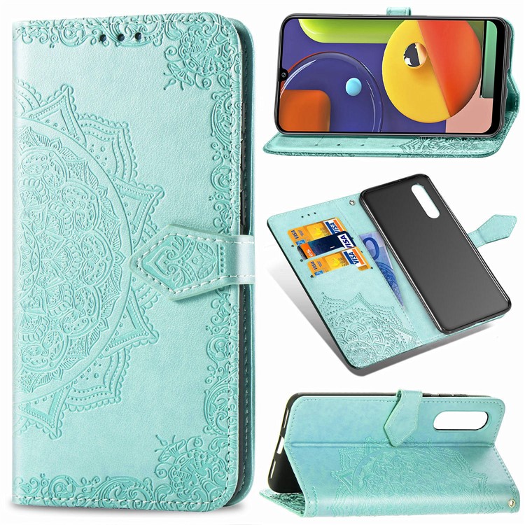Embossed Mandala Flower Wallet Stand Leather Case for Samsung Galaxy A50s/A50/A30s - Cyan-1