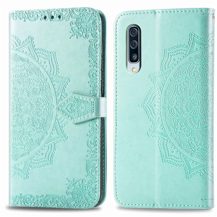 Embossed Mandala Flower Wallet Stand Leather Case for Samsung Galaxy A50s/A50/A30s - Cyan-5