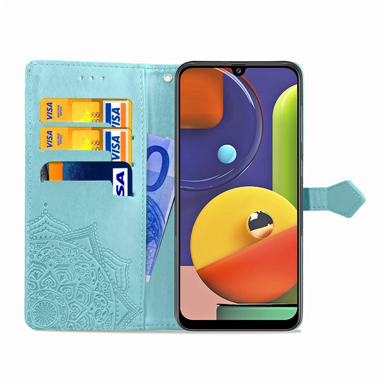 Embossed Mandala Flower Wallet Stand Leather Case for Samsung Galaxy A50s/A50/A30s - Cyan-8